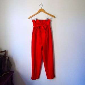 H&M Red Paper Bag/Tie-Waist Cropped Tapered Pant